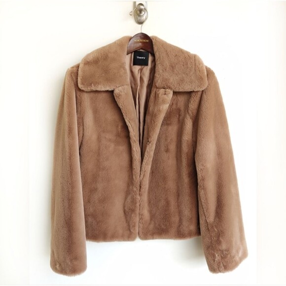 Theory Luxe Faux Rabbit Fur Coat Jacket Brown Size Large - Picture 1 of 8